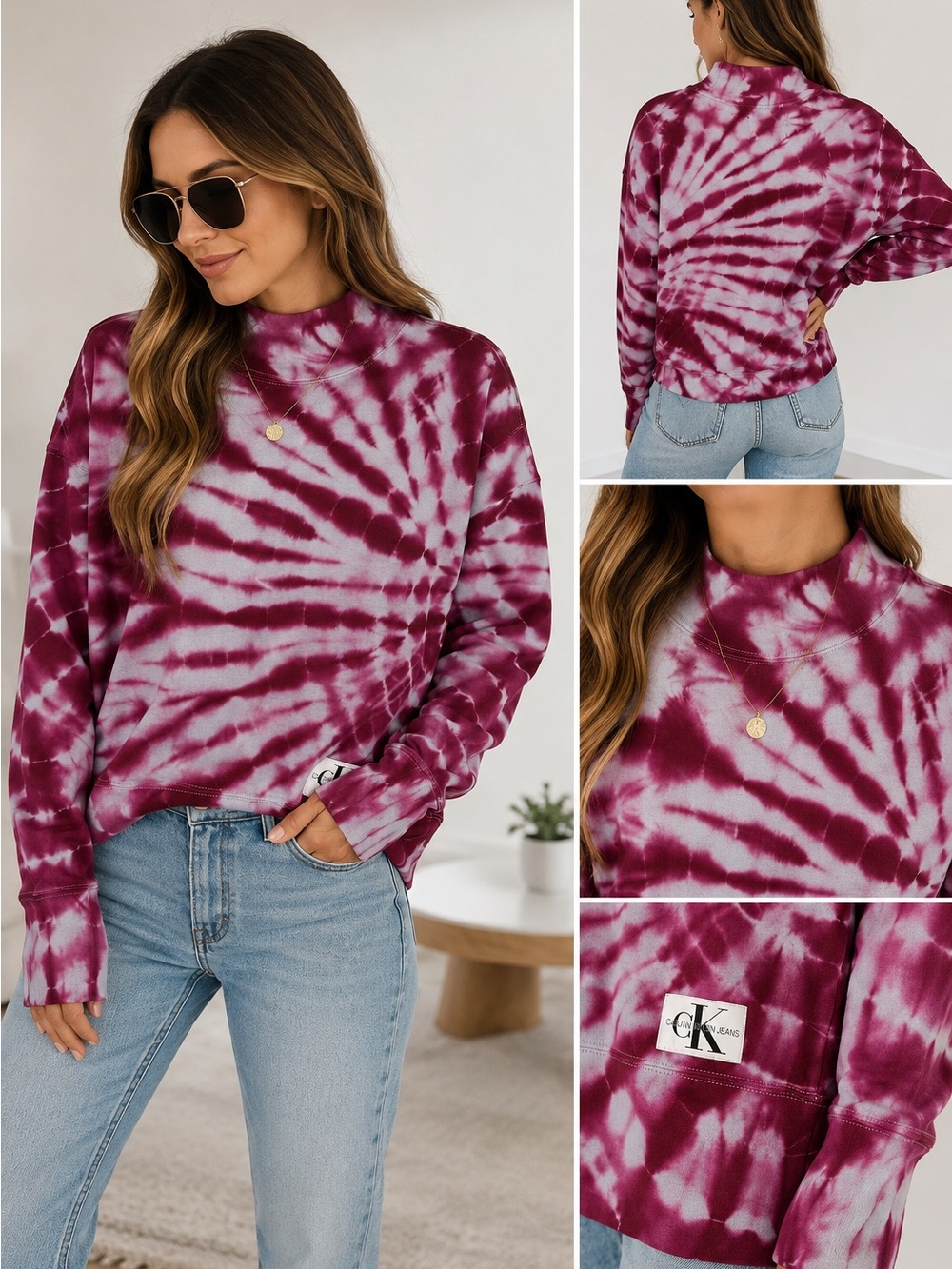 Calvin Klein Jeans Tie Dye Mock Neck Sweatshirt Pink Womens NWT